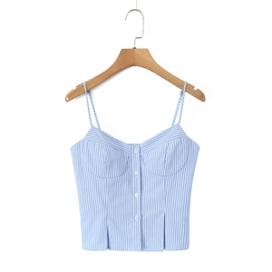 Detail of blue and white striped camisole top with V-neck and button front design