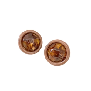 Vintage round brown acrylic stud earrings with amber texture and silver needle post