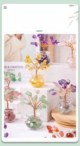 Handcrafted crystal money tree set with natural gemstones in clear glass vases