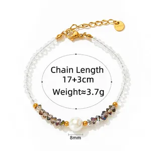 Faceted crystal beads bracelet with white 8mm pearl and golden stainless steel clasp