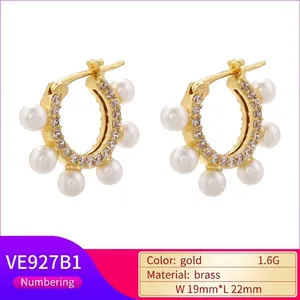 Elegant 18K gold plated brass C-shape hoop earrings with white pearls and CZ stones