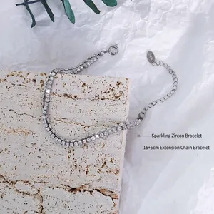 Double-layered 18K silver titanium steel bracelet with pavé zircons and bead chain