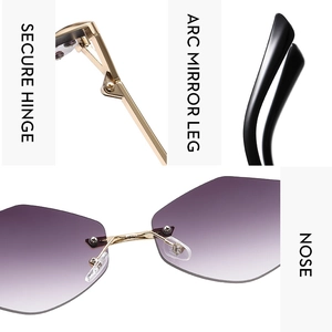 Detail view of rimless diamond sunglasses featuring secure metal hinges and arc mirror legs