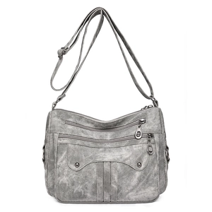 Retro grey washed faux leather crossbody bag with multiple functional zipper pockets