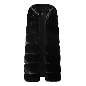 Women's long black faux fur hooded vest with sleeveless design for autumn and winter