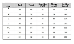Tableau des tailles détaillé pour robe imprimée ethnique avec mesures du buste
