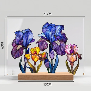 Desktop floral acrylic stand decor with wooden base showing dimensions 21x15x15cm