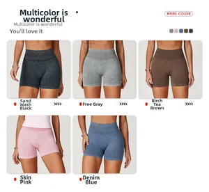 Détail de cinq shorts de yoga taille haute sans couture en divers coloris délavés
