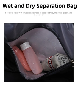 Detail shot of waterproof dry and wet separation pocket with travel bottles and towel
