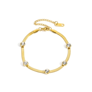 Elegant gold stainless steel snake chain bracelet with five inlaid zircon crystals