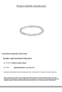 Macro detail of textured S925 silver ring band with specifications and US size chart