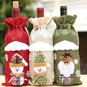 Christmas Wine Bottle Cover Bags Burlap 3D Santa Snowman Reindeer Applique Drawstring Holiday Dining Table Decor
