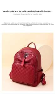 Detail of red checkered pattern embossing and zippered front pocket on a stylish backpack
