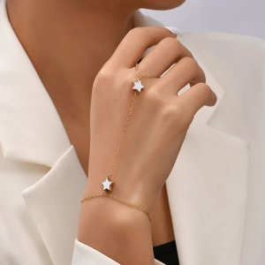 14K gold plated hand chain bracelet with white enamel star charms for women