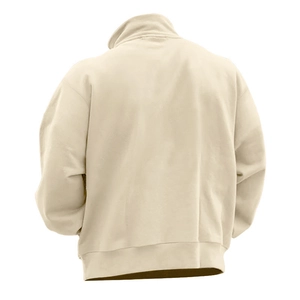 Rear view of a beige men's quarter-zip sweatshirt showing ribbed hem and sleeve cuffs