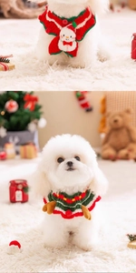 Detail view of festive Christmas knitted dog collars featuring snowman and reindeer horn designs