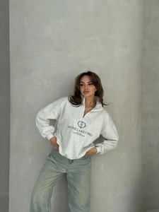 Women's vintage 100% cotton light grey half-zip sweatshirt with lakeside letter print
