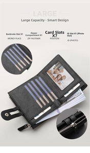 Internal details of black lychee grain PU wallet with multiple card slots and zipper pocket