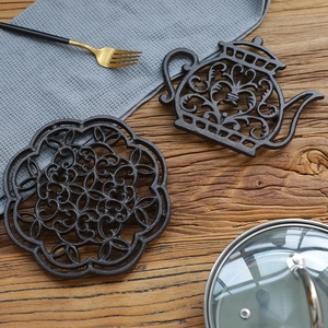 Rustic cast iron owl trivet set in teapot and round floral scroll hollow designs