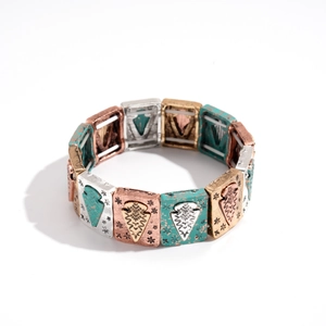 Bohemian vintage square stretch bracelet with colorful arrow patterns on metal links