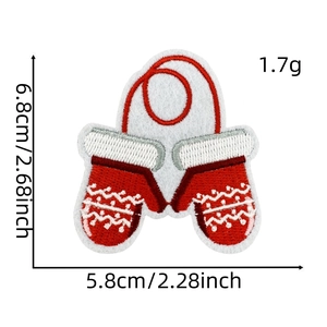Detail of red embroidered Christmas mittens patch with size dimensions 6.8x5.8cm
