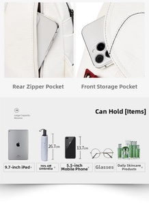Detail view of white backpack storage capacity for iPad, umbrella and daily essentials