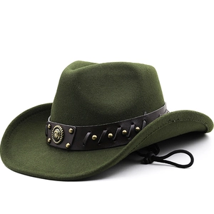 Classic olive green wool felt western cowboy hat with studded leather band and wind rope