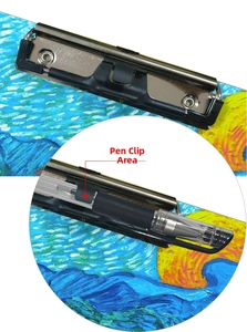 Detail view of A4 wooden clipboard featuring Van Gogh Starry Night art and integrated pen holder