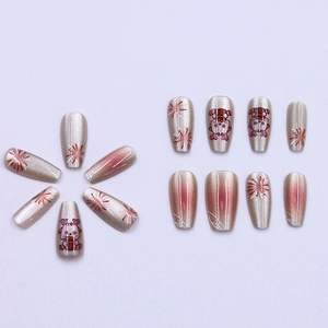 Cat eye press-on nails with pink gradient fireworks and cute cartoon animal patterns
