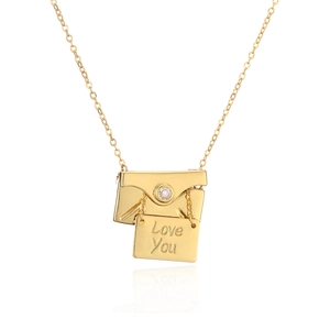 Gold plated pull-out envelope pendant necklace with Love You engraved tag for women