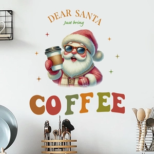 Festive Santa wall sticker with 'DEAR SANTA Just bring COFFEE' text for kitchen decoration