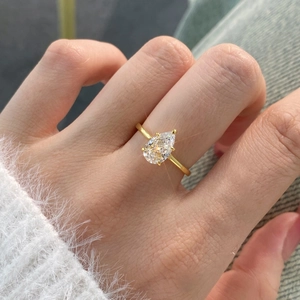 Close-up of S925 sterling silver ring with pear-cut champagne zircon on a model hand