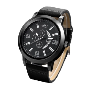 Classic men's SOKI quartz watch with black leather strap and large matte dial