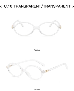 Detailed views of transparent oval frame glasses in clear acetate for a retro look