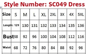 Detailed size chart for floral low-cut maxi dress covering sizes S to 5XL with measurements