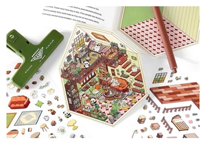 Close-up of PET scrapbooking stickers set featuring cute room interiors and tiny furniture
