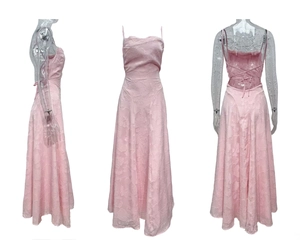 Detailed views of the pink jacquard dress showing the strapless open back and tie-up design