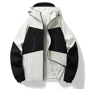 Men's black and white hooded windbreaker with waterproof fabric and mesh lining