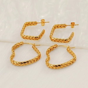 Braided Wheat Ear Hoop Earrings Stainless Steel 18K Gold Plated Heart Geometric Shape Vintage Luxury For Women