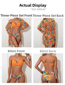 Front and back views of a three-piece orange bikini set with tropical floral cover-up