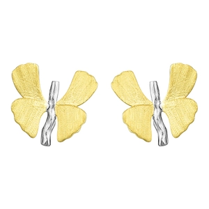 Detailed close-up of S925 silver butterfly earrings with two-tone gold matte finish