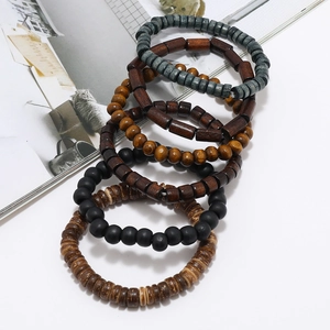 Handmade multilayer elastic wooden beaded bracelets for men in vintage stackable style