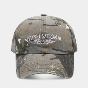 Camo washed baseball cap with white Very Vegan embroidery and adjustable soft crown