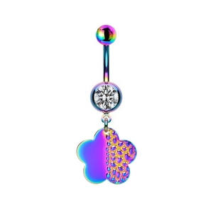 Rainbow stainless steel belly button ring with flower pendant and clear zircon stone