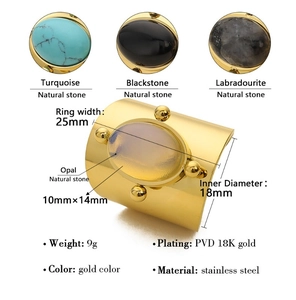 Detailed specs of wide 18K gold plated stainless steel ring with natural stone options