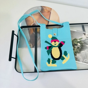 Light blue knitted snowman crossbody phone bag with cute cartoon penguin pattern