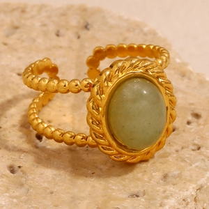 Retro 18K gold plated stainless steel double-layered open ring with green aventurine stone