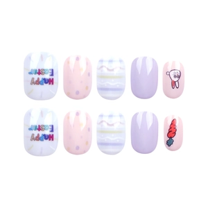 Short round Easter press-on nails featuring cute bunny and carrot designs in macaron colors