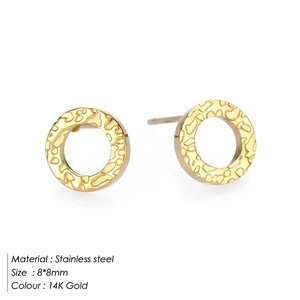 Detailed view of 8mm 14K gold stainless steel earrings with hammered rock texture