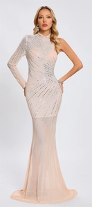 Detail of shimmering silver rhinestones on a nude mesh high-neck evening dress